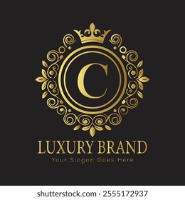 Letter C luxury gold logo concept brand logo design with a royal gold crown emblem and elegant typography
