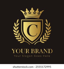 Letter C luxury gold logo concept brand logo design with a royal gold crown emblem and elegant typography
