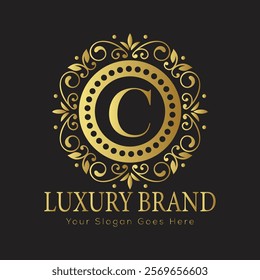 Letter C luxury gold logo concept brand logo design with a royal gold crown emblem and elegant typography
