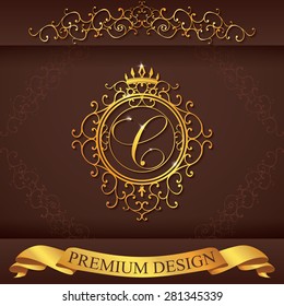 Letter C. Luxury Logo template flourishes calligraphic elegant ornament lines. Business sign, identity for Restaurant, Royalty, Boutique, Hotel, Heraldic, Jewelry, Fashion, vector illustration.