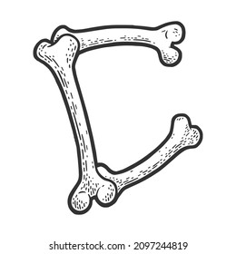 letter C made of bones sketch engraving vector illustration. Bones font. T-shirt apparel print design. Scratch board imitation. Black and white hand drawn image.