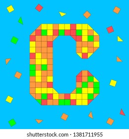 Letter C made of colored squares and triangles. Mosaic font.