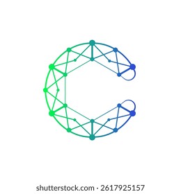 The letter C is made of connected dots, and polygon lines that symbolize networks, communication, technology, internet, artificial intelligence. The logo has a futuristic, geometric, and modern.