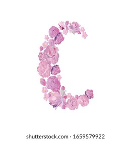 Letter C made of pink paper flowers. Flower alphabet. Vector illustration with roses, peonies and magnolias on a white background.