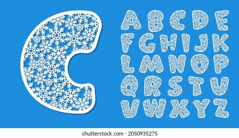 Letter C made from snowflakes. Winter font for Christmas greetings, New Years holidays. White symbol on blue background. Template for printing, plotter laser cutting of paper, cnc. Vector illustration