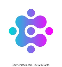 Letter C meta ball shape. Can be used for network community icon. Cyan magenta color gradient. Modern technology symbol. Liquid sign. Data management. Connected dots. AI concept. Vector illustration. 