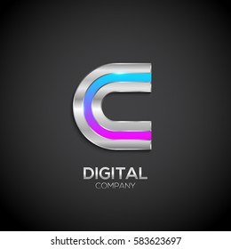 Letter C with metallic texture,3d Glossy, Digital and Technology, metal texture,  silver, steel and realistic shadow for logo, Vector illustration