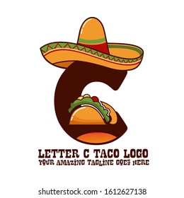 Letter C Mexican Meat Taco Dishes with Sombrero Hat Vector Logo Design Illustration Food on White Background for Restaurant and Cafe. Initial Typography Logotype Template