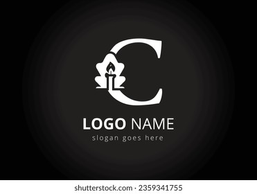 letter C monogram alphabet With Candle Logo  Design Vector Template.