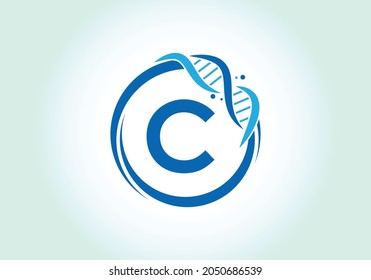 Letter C monogram alphabet in a circle with DNA. Genetics logo design concept. Font emblem. Modern vector logo for medicine, science, laboratory, business, and company identity
