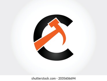 letra C, alfabeto monograma con martillo. Logotipo de reparación, renovación y construcción. Logo vectorial moderno para el negocio de la construcción e identidad de la empresa