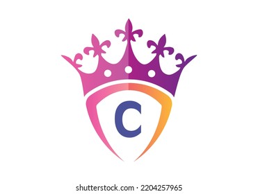 Letter C monogram alphabet With Shield And Crown Logo Template.