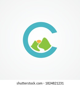 Letter C with mountain graphic in flat style. Illustration design inside letter C. Vector illustration EPS.8 EPS.10 