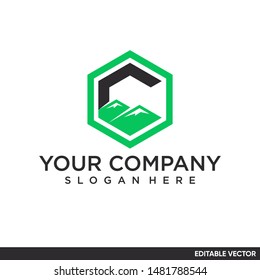 LETTER C AND MOUNTAIN INSIDE THE HEXAGON SHAPE LOGO