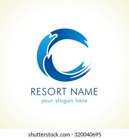 Letter C name logo concept. Tourist or healthcare business on shore, sports stained-glass blue colored icon as surf. Vector template, brand identity with volume. Sea natural food and products idea.