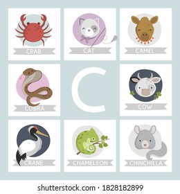 Letter C named animals. Cute animals alphabet for kids from A to Z. Cartoon animals card. Vector illustration