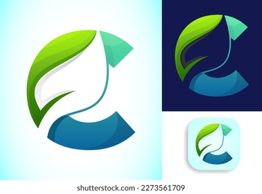 Letter C with negative space leaf logo vector template. Gradient logo design