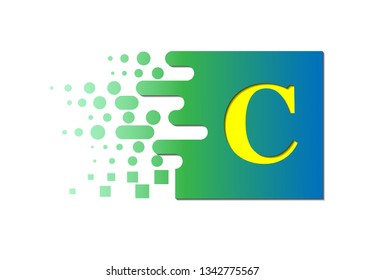 letter C on a colored square with destroyed blocks on a white background.