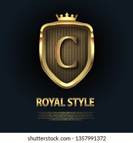 Letter C on the shield with crown isolated on dark background. Golden 3D initial logo business vector template. Luxury, elegant, glamour, fashion, boutique for branding purpose. Unique classy concept