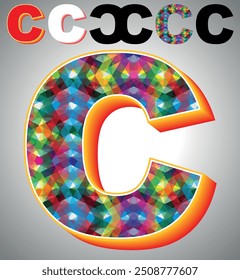 Letter C on triangular pattern mosaic royalty vector, Colorful triangles form C mosaic design, This graphic design is set against C white triangular background, Polygonal 3D Alphabet C, A to Z Letter.