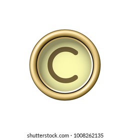 Letter C on vintage golden typewriter button, isolated on white background. Vector illustration.