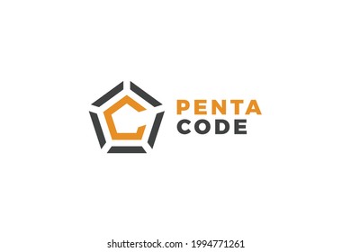 Letter C orange color creative technological pentagonal coding logo