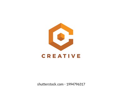 Letter C orange color simple creative hexagonal logo