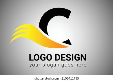 Letter C with Orange gradient color Elegant Minimalist Wing Design. Creative C letter Swoosh Icon Vector Illustration.