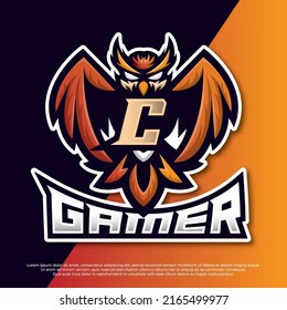 Letter C Owl Mascot esport gaming logo design, owl night bird illustration, bird gamer esport logo