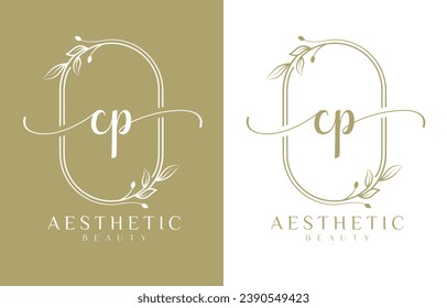 Logotipo de belleza de letra C y P con adorno floreciente