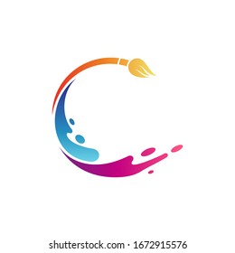 Letter C with paintbrush logo, creative art logo vector in gradient vibrant colors