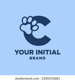 letter C paw print dog foot silhouette in negative space initial vector logo design