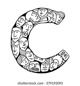 Letter C. People crowd. Isolated alphabet design. Hand drawn vector illustration in cartoon style