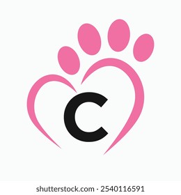 Letter C Pet Logo Design Concept With Paw and Heart Symbol Vector