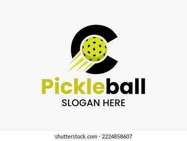 Letter C Pickleball Logo Concept With Moving Pickleball Symbol. Pickle Ball Logotype Vector Template