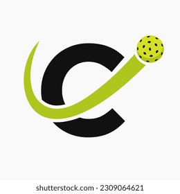 Letter C Pickleball Logo Concept With Moving Pickleball Symbol. Pickle Ball Logotype