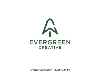 Letter C pine evergreen. fir hemlock spruce conifer cedar coniferous cypress larch pinus tree forest vintage retro hipster line art Logo
