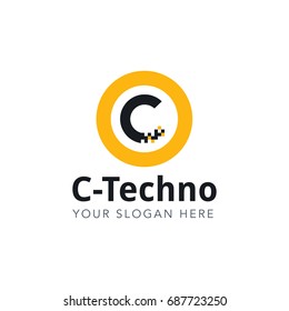 Letter C Pixel Logo Design Template With Yellow Circle Isolated on White Background. Vector Illustration