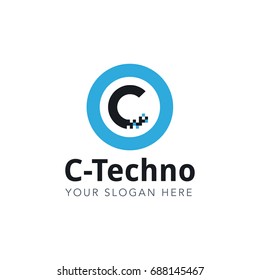 Letter C Pixel Logo Design Template With Blue Circle Isolated on White Background. Vector Illustration