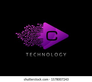 Letter C Play Logo Icon.Triangle and digital line shape icon perfect for music, audio and movie icon design company.