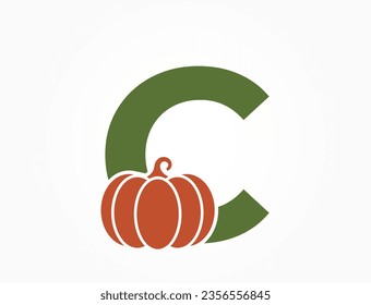 Buchstabe c mit Kürbis. Symbol für pflanzliches Alphabet. Ernte und Landwirtschaftsplanung. Siegelsymbol. isoliertes Vektorbild