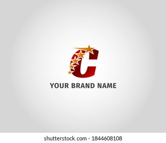 letter C red metallic with five golden star logo template