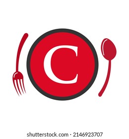 Letter C Restaurant Logo. Restaurant Logotype On Letter C Spoon And Fork Concept Vector