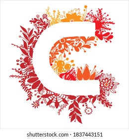 Letter C with retro flowers. Vector image. Orange, pink, burgundy and green flower letters.