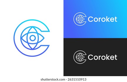 Letter C rocket and planet icon logo design