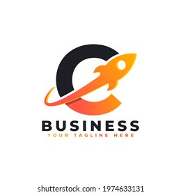 Letter C with Rocket Up and Swoosh Logo Design. Creative Letter Mark Suitable for Company Brand Identity, Travel, Start up, Logistic, Business Logo Template