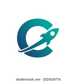 Letter C with Rocket Up and Swoosh Logo Design. Creative Letter Mark Suitable for Company Brand Identity, Travel, Start up, Logistic, Business Logo Template