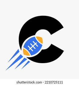 Concepto De Logo De Rugby C Con Icono De Pelota De Rugby En Movimiento. Plantilla vectorial de tipo de logotipo deportivo de rugby