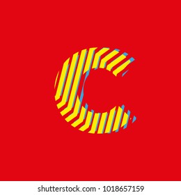 letter c, set of letters texture with zebra effect, decorative letter with yellow and blue lines red background vector, editable