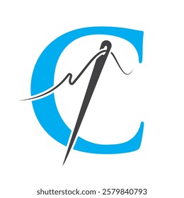 Letter C Sewing Needle Logo Design for Embroider, Textile, Fashion, Cloth, Fabric Symbol